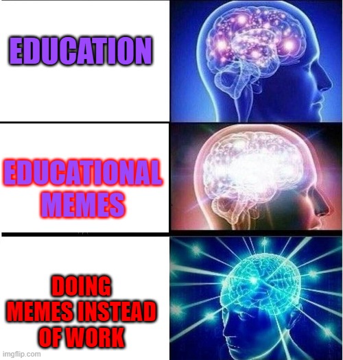 Expanding brain 3 panels | EDUCATION DOING MEMES INSTEAD OF WORK EDUCATIONAL MEMES | image tagged in expanding brain 3 panels | made w/ Imgflip meme maker