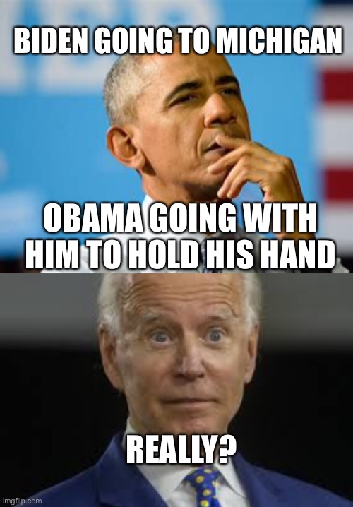Obama holding Biden’s hand, Why does he have to? | BIDEN GOING TO MICHIGAN; OBAMA GOING WITH HIM TO HOLD HIS HAND; REALLY? | image tagged in really,biden,biden obama | made w/ Imgflip meme maker
