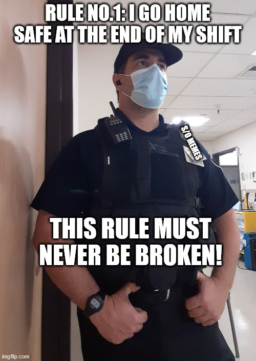 Security Guard | RULE NO.1: I GO HOME SAFE AT THE END OF MY SHIFT; S/O MEMES; THIS RULE MUST NEVER BE BROKEN! | image tagged in security guard | made w/ Imgflip meme maker