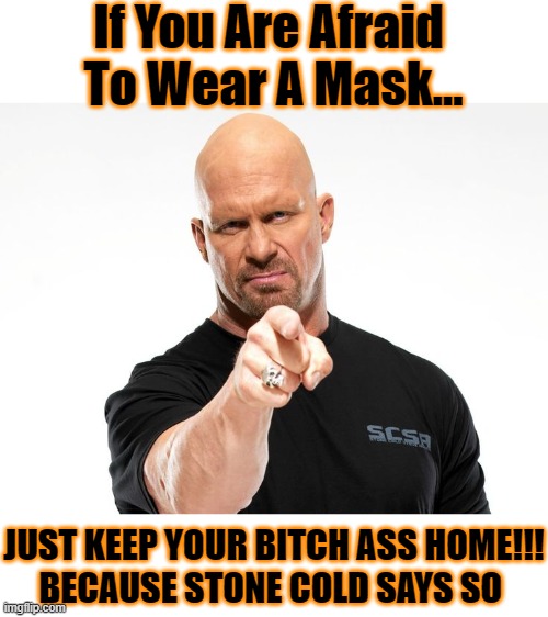 Mask Stone Cold | If You Are Afraid 
To Wear A Mask... JUST KEEP YOUR BITCH ASS HOME!!!
BECAUSE STONE COLD SAYS SO | image tagged in bald tough guy pointing at you,stone cold steve austin,mask | made w/ Imgflip meme maker