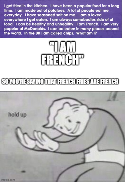 Fallout Hold Up | "I AM FRENCH"; SO YOU'RE SAYING THAT FRENCH FRIES ARE FRENCH | image tagged in fallout hold up | made w/ Imgflip meme maker