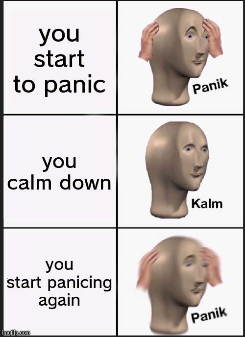 Panik Kalm Panik Meme | you start to panic; you calm down; you start panicing again | image tagged in memes,panik kalm panik | made w/ Imgflip meme maker