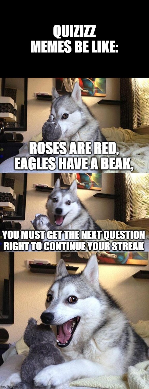 Quizizz "Memes" | QUIZIZZ MEMES BE LIKE:; ROSES ARE RED,
EAGLES HAVE A BEAK, YOU MUST GET THE NEXT QUESTION RIGHT TO CONTINUE YOUR STREAK | image tagged in memes,bad pun dog | made w/ Imgflip meme maker