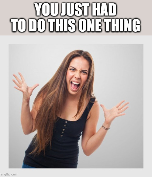angry girl | YOU JUST HAD TO DO THIS ONE THING | image tagged in angry girl | made w/ Imgflip meme maker