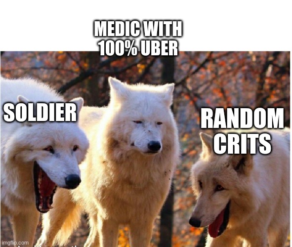 Tf2 laughing wolves meme | MEDIC WITH 100% UBER; SOLDIER; RANDOM CRITS | image tagged in laughing wolves | made w/ Imgflip meme maker
