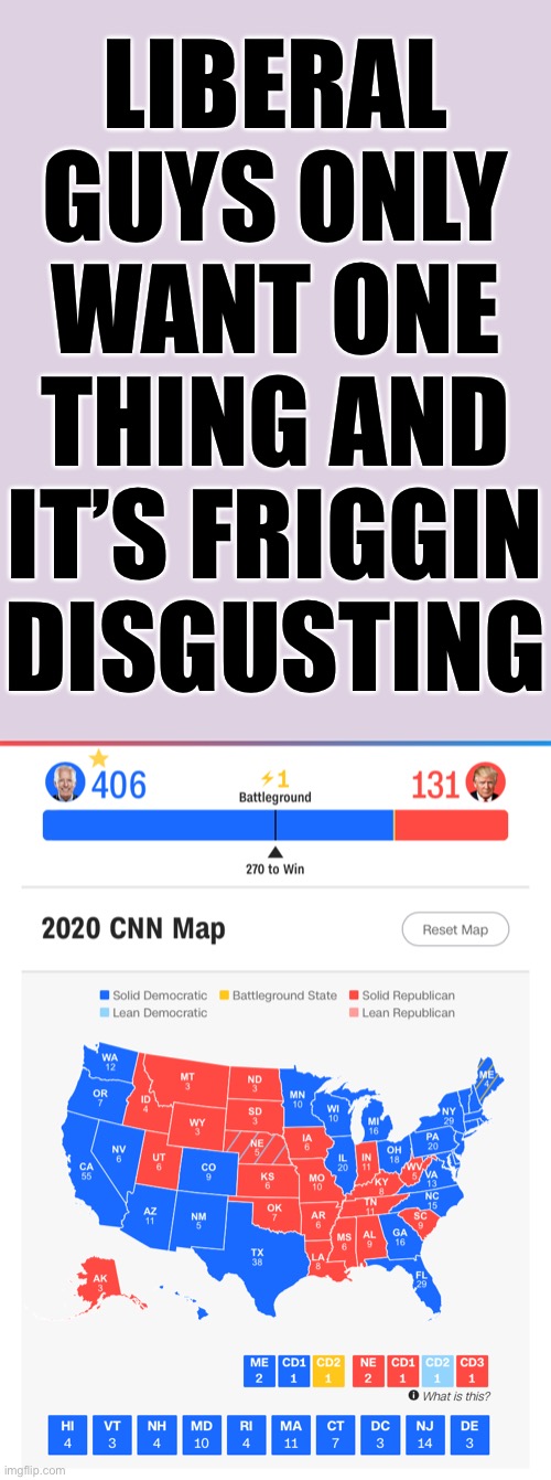 disgusting | LIBERAL GUYS ONLY WANT ONE THING AND IT’S FRIGGIN DISGUSTING | image tagged in biden landslide 406,electoral college,election 2020,2020 elections,liberal,guys | made w/ Imgflip meme maker