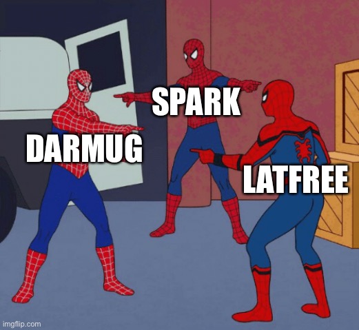 Three Spidermen | DARMUG LATFREE SPARK | image tagged in three spidermen | made w/ Imgflip meme maker
