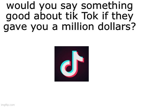 Sorry brothers I can be bribed | would you say something good about tik Tok if they gave you a million dollars? | image tagged in blank white template,tiktok,one million dollars | made w/ Imgflip meme maker