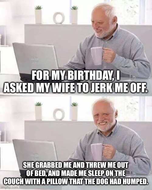 Pretty much how marriage goes | FOR MY BIRTHDAY, I ASKED MY WIFE TO JERK ME OFF. SHE GRABBED ME AND THREW ME OUT OF BED, AND MADE ME SLEEP ON THE COUCH WITH A PILLOW THAT THE DOG HAD HUMPED. | image tagged in memes,hide the pain harold,bad pun,dirty joke,husband wife,dog | made w/ Imgflip meme maker