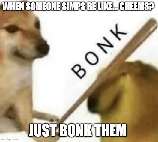 bonk | WHEN SOMEONE SIMPS BE LIKE... CHEEMS? JUST BONK THEM | image tagged in bonk | made w/ Imgflip meme maker