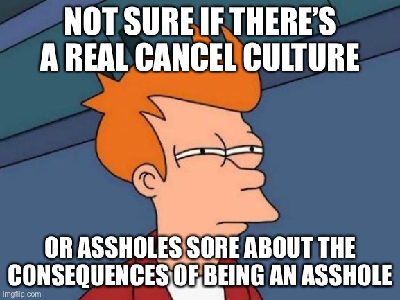 Refusing to apologize might have something to do with it | NOT SURE IF THERE’S A REAL CANCEL CULTURE; OR ASSHOLES SORE ABOUT THE CONSEQUENCES OF BEING AN ASSHOLE | image tagged in memes,futurama fry,memes | made w/ Imgflip meme maker