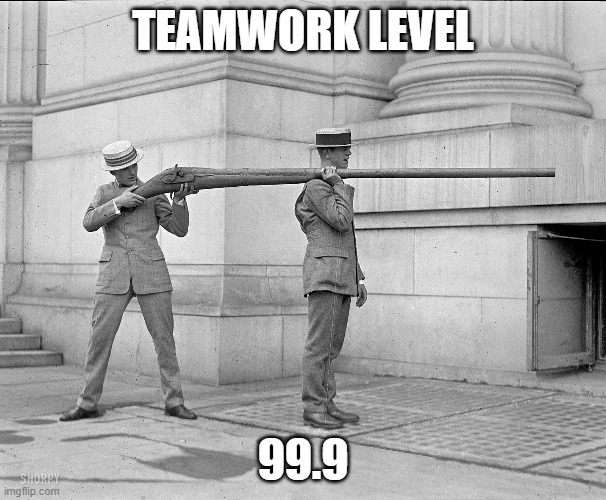 teamwork | TEAMWORK LEVEL; 99.9 | image tagged in teamwork | made w/ Imgflip meme maker