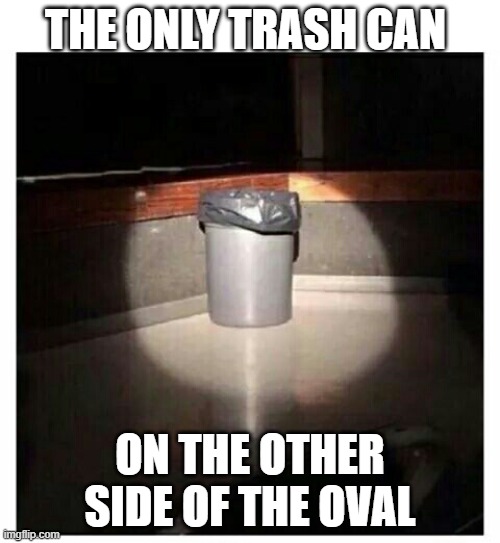 Trashcan | THE ONLY TRASH CAN; ON THE OTHER SIDE OF THE OVAL | image tagged in trashcan | made w/ Imgflip meme maker