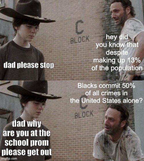 Rick and Carl | hey did you know that despite making up 13% of the population; dad please stop; Blacks commit 50% of all crimes in the United States alone? dad why are you at the school prom please get out | image tagged in memes,rick and carl | made w/ Imgflip meme maker