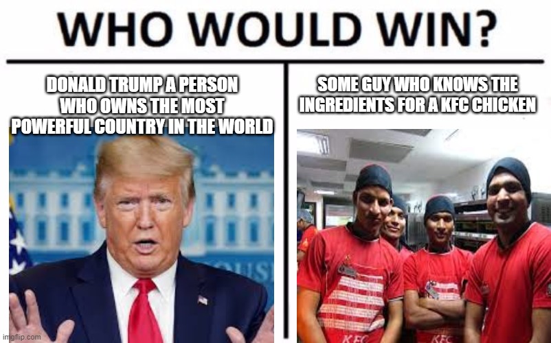 Who Would Win? Meme | DONALD TRUMP A PERSON WHO OWNS THE MOST POWERFUL COUNTRY IN THE WORLD; SOME GUY WHO KNOWS THE INGREDIENTS FOR A KFC CHICKEN | image tagged in memes,who would win | made w/ Imgflip meme maker