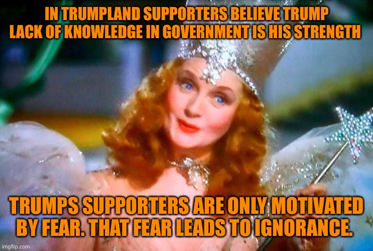 IN TRUMPLAND SUPPORTERS BELIEVE TRUMP LACK OF KNOWLEDGE IN GOVERNMENT IS HIS STRENGTH TRUMPS SUPPORTERS ARE ONLY MOTIVATED BY FEAR. THAT FEA | made w/ Imgflip meme maker