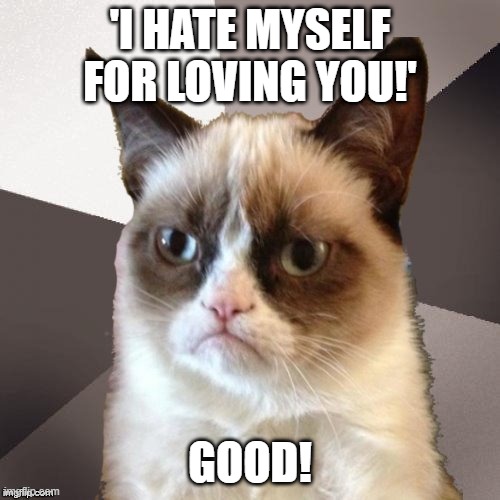 Musically Malicious Grumpy Cat | 'I HATE MYSELF FOR LOVING YOU!'; GOOD! | image tagged in musically malicious grumpy cat,grumpy cat,memes,funny,cats,meme | made w/ Imgflip meme maker