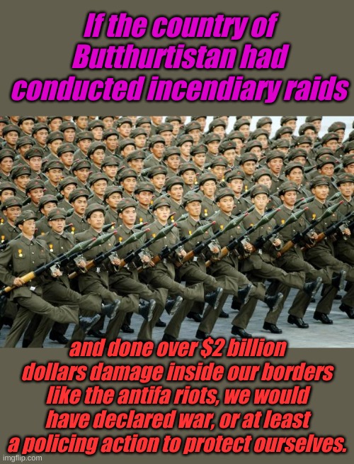 So what do you do when a small insurgency of our own citizens has declared war on the United States? | If the country of Butthurtistan had conducted incendiary raids; and done over $2 billion dollars damage inside our borders like the antifa riots, we would have declared war, or at least a policing action to protect ourselves. | image tagged in north korean military march | made w/ Imgflip meme maker