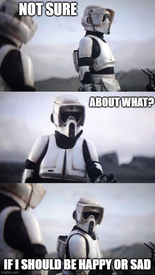 Storm Trooper Conversation | NOT SURE IF I SHOULD BE HAPPY OR SAD ABOUT WHAT? | image tagged in storm trooper conversation | made w/ Imgflip meme maker