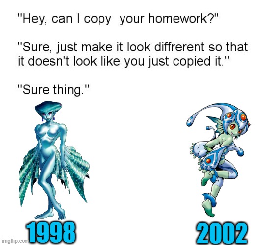 How have there not been more comparisons between these two? |  2002; 1998 | image tagged in ocarina of time,legend of zelda,ruto,digimon,digimon frontier,ranamon | made w/ Imgflip meme maker
