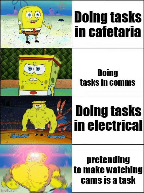 taskslist.exe | Doing tasks in cafetaria; Doing tasks in comms; Doing tasks in electrical; pretending to make watching cams is a task | image tagged in sponge finna commit muder | made w/ Imgflip meme maker