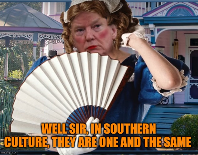 Southern Belle Trumpette | WELL SIR, IN SOUTHERN CULTURE, THEY ARE ONE AND THE SAME | image tagged in southern belle trumpette | made w/ Imgflip meme maker