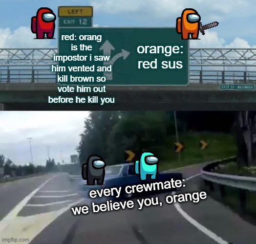 Left Exit 12 Off Ramp Meme | red: orang is the impostor i saw him vented and kill brown so vote him out before he kill you; orange: red sus; every crewmate: we believe you, orange | image tagged in memes,left exit 12 off ramp | made w/ Imgflip meme maker