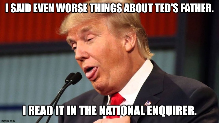 Stupid trump | I SAID EVEN WORSE THINGS ABOUT TED'S FATHER. I READ IT IN THE NATIONAL ENQUIRER. | image tagged in stupid trump | made w/ Imgflip meme maker