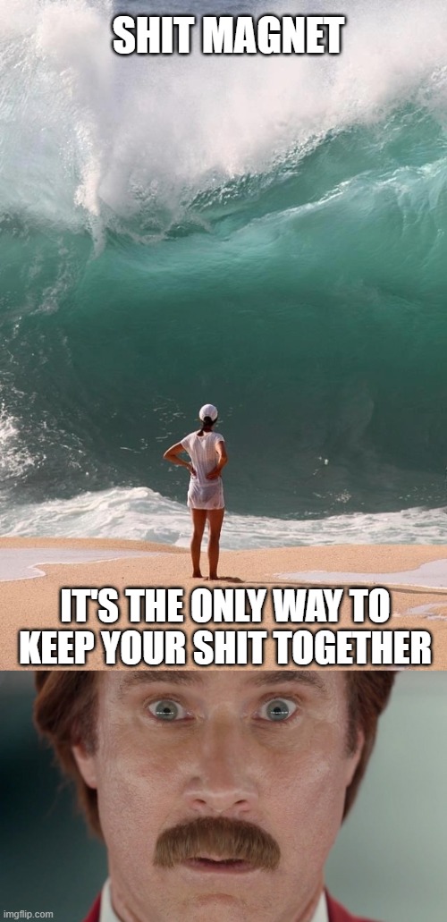 SHIT MAGNET; IT'S THE ONLY WAY TO KEEP YOUR SHIT TOGETHER | image tagged in will ferrell oh shit,tidal wave girl,funny,memes | made w/ Imgflip meme maker