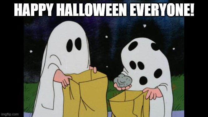 time to get even more spooky | HAPPY HALLOWEEN EVERYONE! | image tagged in charlie brown halloween rock,spooky scary skeleton | made w/ Imgflip meme maker