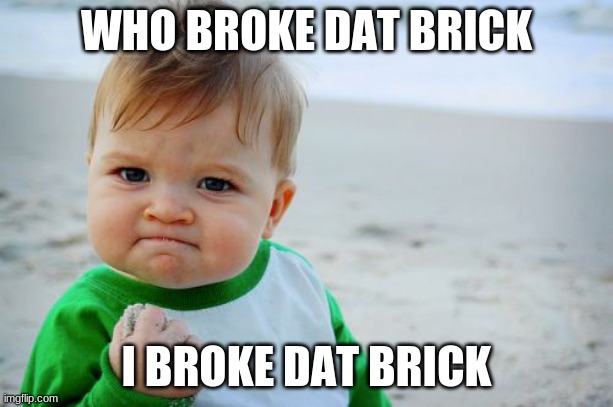 yeah i broke it all right | WHO BROKE DAT BRICK; I BROKE DAT BRICK | image tagged in proud baby | made w/ Imgflip meme maker