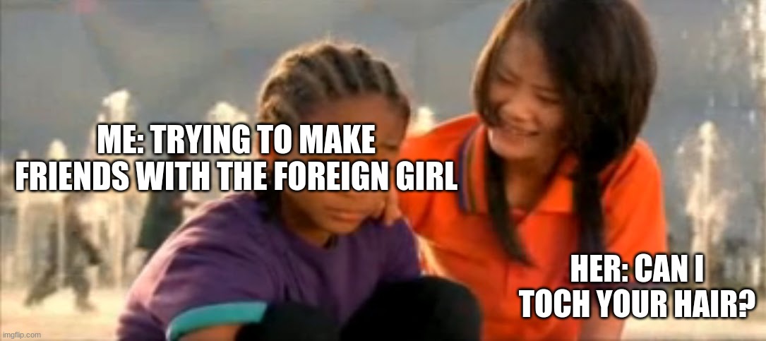 Trying to make friends | ME: TRYING TO MAKE FRIENDS WITH THE FOREIGN GIRL; HER: CAN I TOCH YOUR HAIR? | image tagged in trying to make friends | made w/ Imgflip meme maker