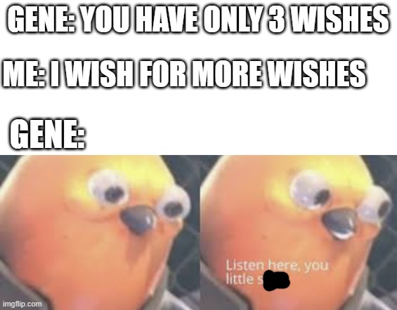 give me more wishes | GENE: YOU HAVE ONLY 3 WISHES; ME: I WISH FOR MORE WISHES; GENE: | image tagged in listen here you little shit bird | made w/ Imgflip meme maker