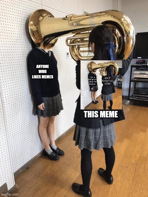 Girl Putting Tuba on Girl's Head |  ANYONE WHO LIKES MEMES; THIS MEME | image tagged in girl putting tuba on girl's head,memes,election 2020,vote | made w/ Imgflip meme maker
