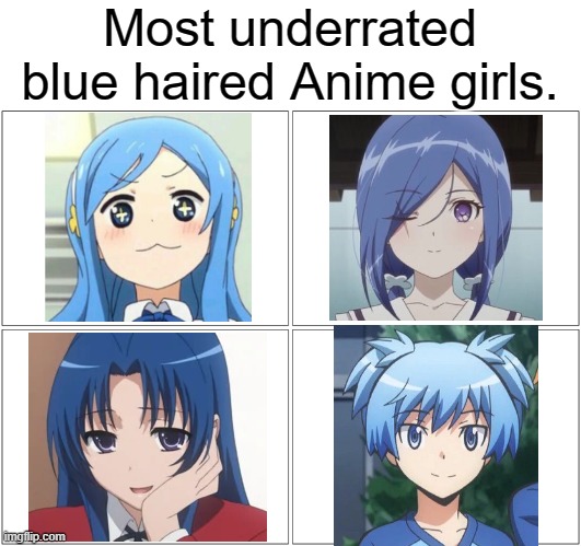 What are you looking at just read the meme alright | Most underrated blue haired Anime girls. | image tagged in memes,assassination classroom,animeme,bruh,anime,blank comic panel 2x2 | made w/ Imgflip meme maker