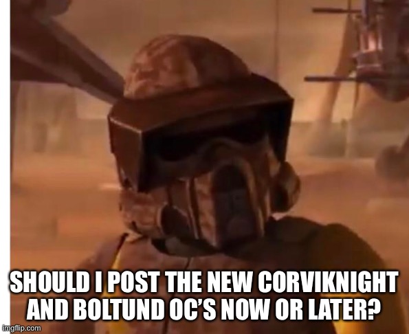SHOULD I POST THE NEW CORVIKNIGHT AND BOLTUND OC’S NOW OR LATER? | made w/ Imgflip meme maker