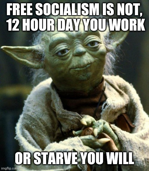 Politics and stuff | FREE SOCIALISM IS NOT,
 12 HOUR DAY YOU WORK; OR STARVE YOU WILL | image tagged in memes,star wars yoda | made w/ Imgflip meme maker