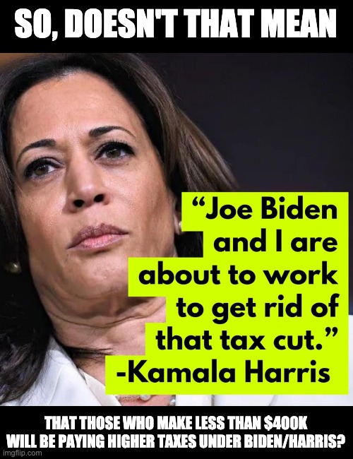 Higher taxes for those who make under $400K | SO, DOESN'T THAT MEAN; THAT THOSE WHO MAKE LESS THAN $400K WILL BE PAYING HIGHER TAXES UNDER BIDEN/HARRIS? | image tagged in biden,kamala harris,let's raise their taxes | made w/ Imgflip meme maker