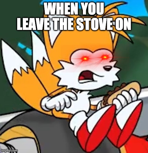Tails | WHEN YOU LEAVE THE STOVE ON | image tagged in sonic the hedgehog | made w/ Imgflip meme maker