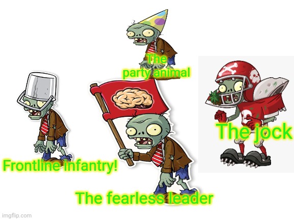 Zombie invasion starter pack! | The party animal; The jock; Frontline infantry! The fearless leader | image tagged in blank white template,starter pack,zombies,plants vs zombies | made w/ Imgflip meme maker