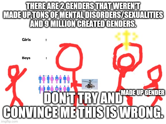 The truth about genders | THERE ARE 2 GENDERS THAT WEREN'T MADE UP,TONS OF MENTAL DISORDERS/SEXUALITIES AND 9 MILLION CREATED GENDERS. DON'T TRY AND CONVINCE ME THIS IS WRONG. MADE UP GENDER | image tagged in blank white template,gender,gender identity | made w/ Imgflip meme maker