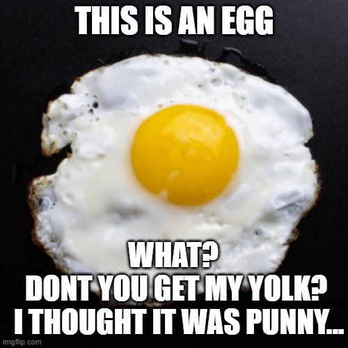 Oop | THIS IS AN EGG; WHAT? 
DONT YOU GET MY YOLK?
 I THOUGHT IT WAS PUNNY... | image tagged in eggs | made w/ Imgflip meme maker