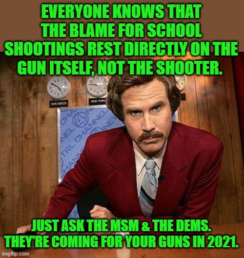 ron burgundy | EVERYONE KNOWS THAT THE BLAME FOR SCHOOL SHOOTINGS REST DIRECTLY ON THE GUN ITSELF, NOT THE SHOOTER. JUST ASK THE MSM & THE DEMS. THEY'RE CO | image tagged in ron burgundy | made w/ Imgflip meme maker