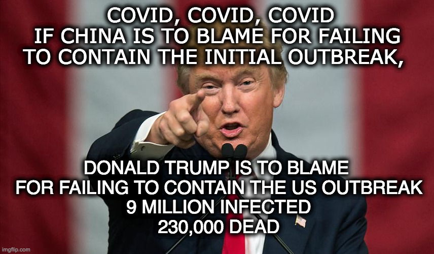 Donald Trump Birthday | COVID, COVID, COVID
IF CHINA IS TO BLAME FOR FAILING TO CONTAIN THE INITIAL OUTBREAK, DONALD TRUMP IS TO BLAME 
FOR FAILING TO CONTAIN THE US OUTBREAK
9 MILLION INFECTED
230,000 DEAD | image tagged in donald trump birthday | made w/ Imgflip meme maker