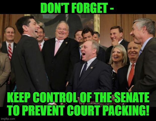 Republicans Senators laughing | DON'T FORGET - KEEP CONTROL OF THE SENATE TO PREVENT COURT PACKING! | image tagged in republicans senators laughing | made w/ Imgflip meme maker