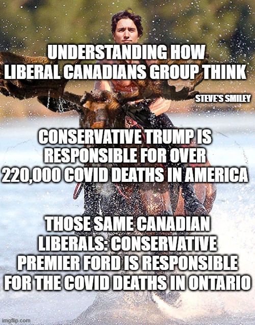 politics | STEVE'S SMILEY; THOSE SAME CANADIAN LIBERALS: CONSERVATIVE PREMIER FORD IS RESPONSIBLE FOR THE COVID DEATHS IN ONTARIO | image tagged in political meme | made w/ Imgflip meme maker