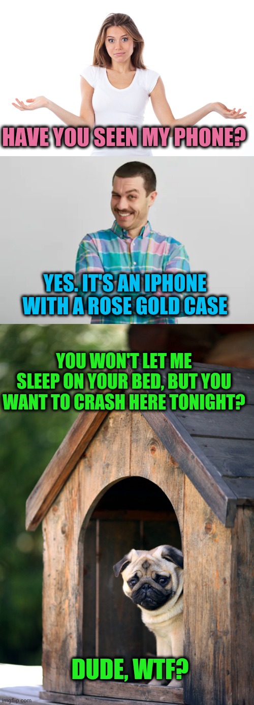 Not the right answer | HAVE YOU SEEN MY PHONE? YES. IT'S AN IPHONE WITH A ROSE GOLD CASE; YOU WON'T LET ME SLEEP ON YOUR BED, BUT YOU WANT TO CRASH HERE TONIGHT? DUDE, WTF? | image tagged in not the right answer | made w/ Imgflip meme maker