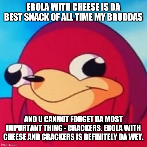 Ugandan Knuckles | EBOLA WITH CHEESE IS DA BEST SNACK OF ALL TIME MY BRUDDAS; AND U CANNOT FORGET DA MOST IMPORTANT THING - CRACKERS. EBOLA WITH CHEESE AND CRACKERS IS DEFINITELY DA WEY. | image tagged in ugandan knuckles,do you know da wae,ebola,funny memes,savage memes,da wae | made w/ Imgflip meme maker