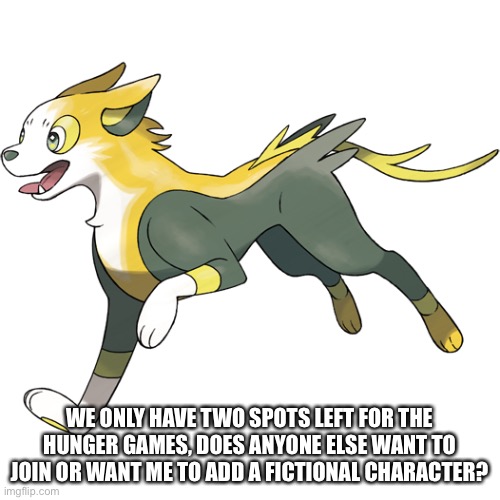 WE ONLY HAVE TWO SPOTS LEFT FOR THE HUNGER GAMES, DOES ANYONE ELSE WANT TO JOIN OR WANT ME TO ADD A FICTIONAL CHARACTER? | made w/ Imgflip meme maker
