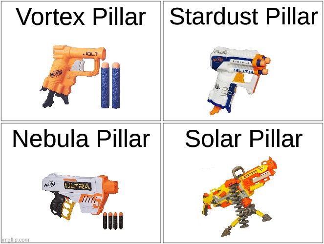 Solar Pillar | Vortex Pillar; Stardust Pillar; Nebula Pillar; Solar Pillar | image tagged in memes,blank comic panel 2x2 | made w/ Imgflip meme maker